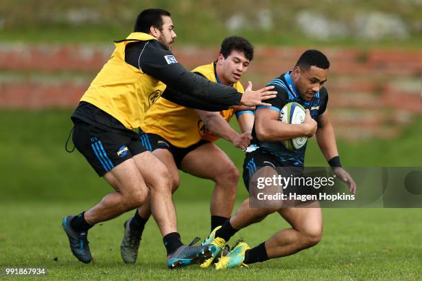 Ngani Laumape in action during a Hurricanes Super Rugby training session at Rugby League Park on July 5, 2018 in Wellington, New Zealand.