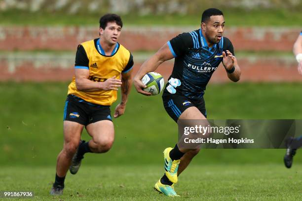 Ngani Laumape in action during a Hurricanes Super Rugby training session at Rugby League Park on July 5, 2018 in Wellington, New Zealand.