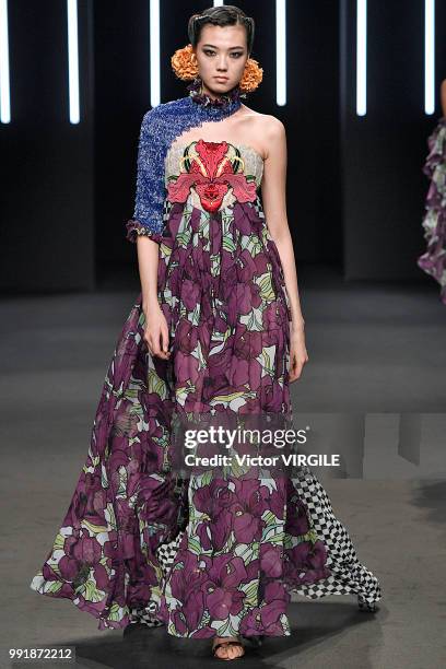 Model walks the runway during the Yumi Katsura Haute Couture Fall Winter 2018/2019 fashion show as part of Paris Fashion Week on July 2, 2018 in...