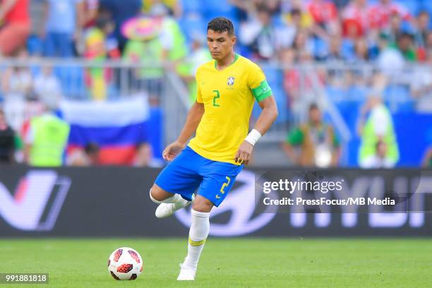 Thiago Silva of Brazil passes the ball during the 2018 FIFA World Cup Russia Round of 16 match between Brazil and Mexico at Samara Arena on July 2,...