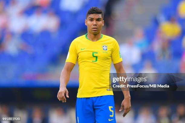 Casemiro of Brazil looks on during the 2018 FIFA World Cup Russia Round of 16 match between Brazil and Mexico at Samara Arena on July 2, 2018 in...