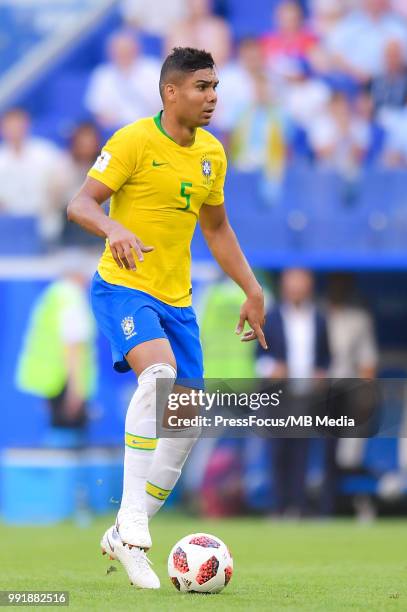 Casemiro of Brazil controls the ball during the 2018 FIFA World Cup Russia Round of 16 match between Brazil and Mexico at Samara Arena on July 2,...