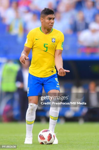 Casemiro of Brazil reacts during the 2018 FIFA World Cup Russia Round of 16 match between Brazil and Mexico at Samara Arena on July 2, 2018 in...