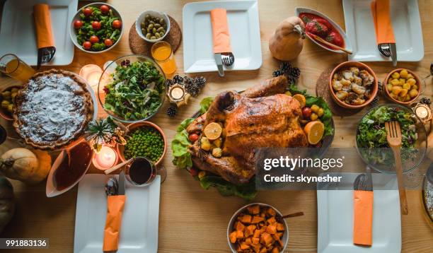 above view of place setting on thanksgiving day. - side dish stock pictures, royalty-free photos & images