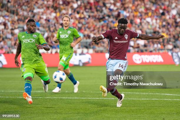 Dominique Badji of Colorado Rapids attempts a shot at Dick's Sporting Goods Park on July 4, 2018 in Commerce City, Colorado.
