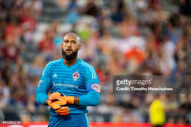 Tim Howard of Colorado Rapids adjusts his gloves against the Seattle Sounders at Dick's Sporting Goods Park on July 4, 2018 in Commerce City,...