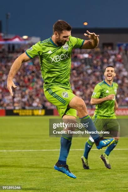 Dillon Serna of Colorado Rapids celebrates after scoring against the Colorado Rapids at Dick's Sporting Goods Park on July 4, 2018 in Commerce City,...