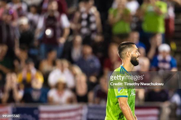 Clint Dempsey of Seattle Sounders smiles after defeating the Colorado Rapids at Dick's Sporting Goods Park on July 4, 2018 in Commerce City, Colorado.