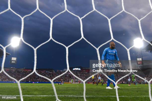 Tim Howard of Colorado Rapids reacts after allowing a goal by Will Bruin of Seattle Sounders at Dick's Sporting Goods Park on July 4, 2018 in...