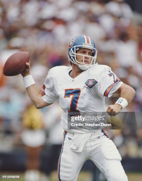 John Elway, Quarterback for the Denver Broncos during the American Football Conference West game against the San Diego Chargers on 23 October 1994 at...