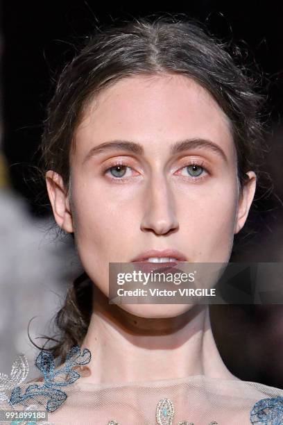 Anna Cleveland walks the runway during the Schiaparelli Haute Couture Fall Winter 2018/2019 fashion show as part of Paris Fashion Week on July 2,...