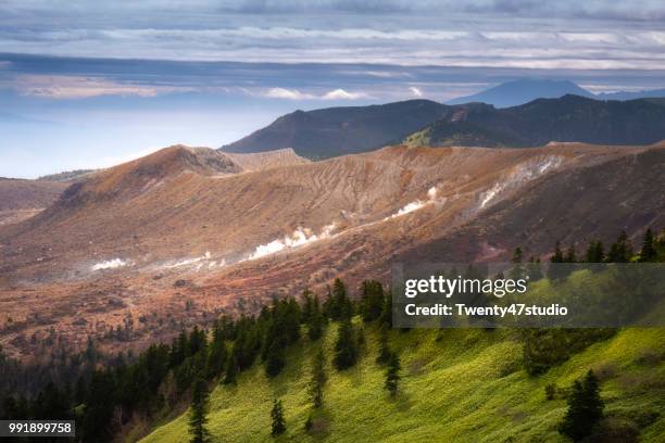 aerial view of mt.kusatsu-shirane from the highest road no.292 2,172m in japan - kusatsu stockfoto's en -beelden