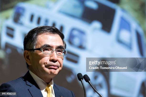 Suzuki Motor Corp. President Toshihiro Suzuki attends a press conference unveiling the Jimny four-wheel drive off-road car on July 5, 2018 in Tokyo,...