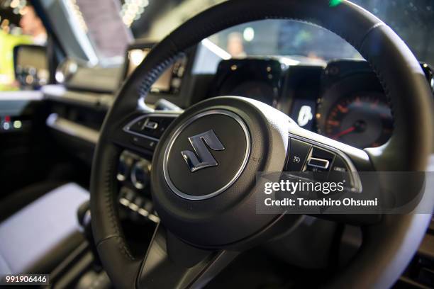 Suzuki Motor Corp.'s Jimny four-wheel drive off-road car is displayed during a press conference on July 5, 2018 in Tokyo, Japan. Suzuki introduced...