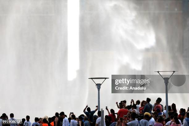 Fire boat puts on a water show during the Independence Day celebrations at the East River in New York, United States on July 4, 2018.