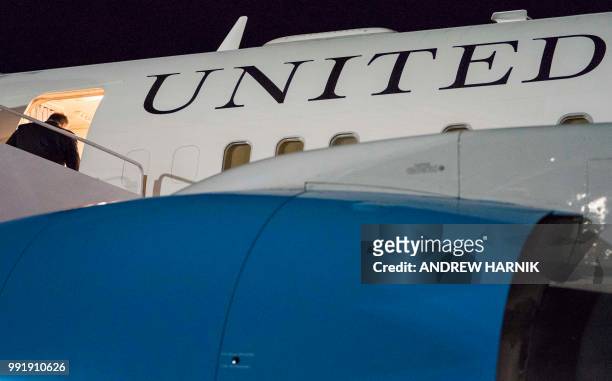 Secretary of State Mike Pompeo boards his plane at Andrews Air Force Base in Maryland on July 5 to travel to Anchorage, Alaska on his way to...