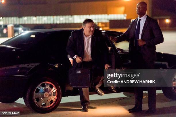 Secretary of State Mike Pompeo arrives to board his plane at Andrews Air Force Base in Maryland on July 5 to travel to Anchorage, Alaska on his way...