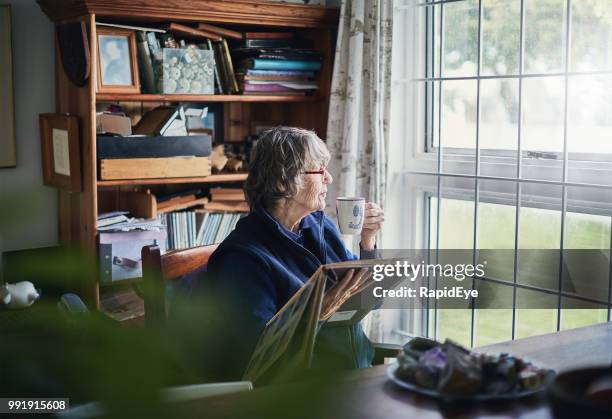 senior woman holding photo album sips tea, looking through window - reclusão imagens e fotografias de stock