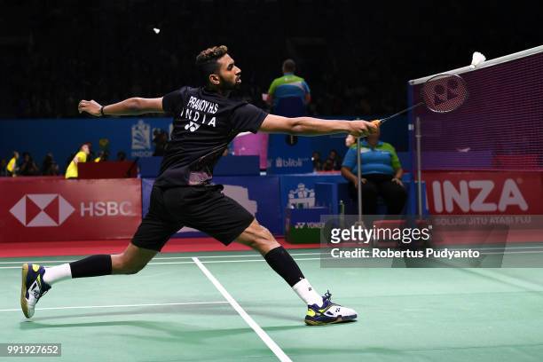 Prannoy H.S. Of India competes against Wang Tzu Wei of Chinese Taipei during the Men's Singles Round 2 match on day three of the Blibli Indonesia...
