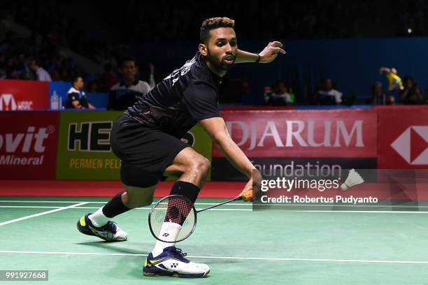 Prannoy H.S. Of India competes against Wang Tzu Wei of Chinese Taipei during the Men's Singles Round 2 match on day three of the Blibli Indonesia...