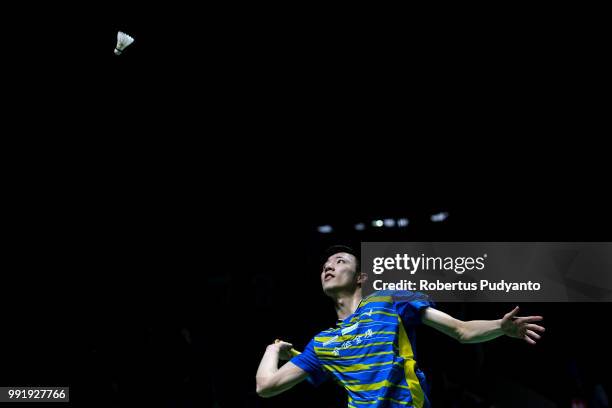 Wang Tzu Wei of Chinese Taipei competes against Prannoy H.S. Of India during the Men's Singles Round 2 match on day three of the Blibli Indonesia...