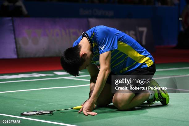 Wang Tzu Wei of Chinese Taipei competes against Prannoy H.S. Of India during the Men's Singles Round 2 match on day three of the Blibli Indonesia...