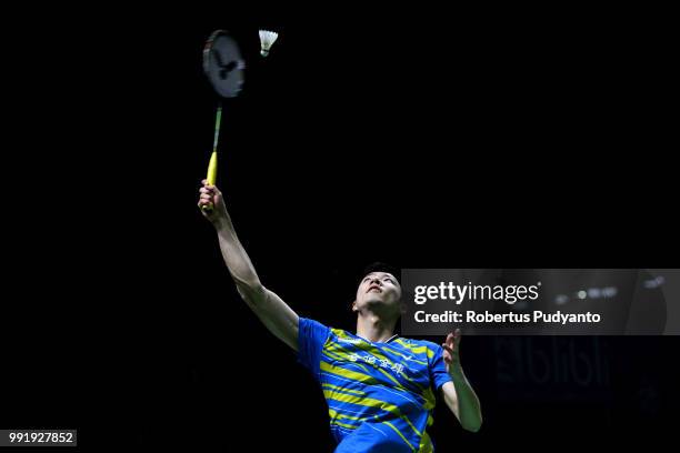 Wang Tzu Wei of Chinese Taipei competes against Prannoy H.S. Of India during the Men's Singles Round 2 match on day three of the Blibli Indonesia...