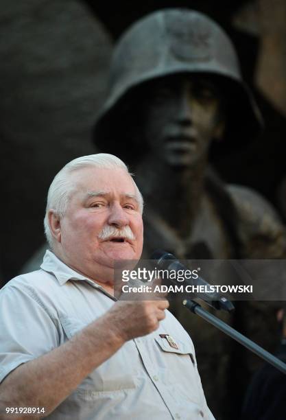 Polish former President and Nobel Peace Prize winner Lech Walesa speaks during a demonstration to support the Polish Supreme Court Justice president...