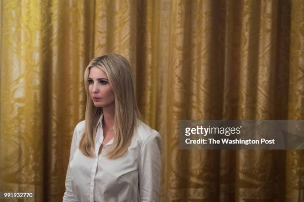Ivanka Trump watches as President Donald J. Trump speaks before presenting Pauline Connor, widow of 1st Lt. Garlin Conner, with the posthumous Medal...