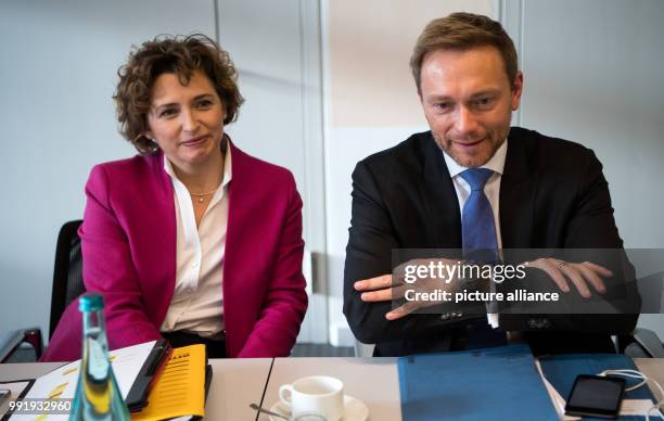 Leader of the liberal Free Democratic Party of Germany Christian Lindner and FDP general secretary Nicola Beer sitting at the start of FDP Presidium...