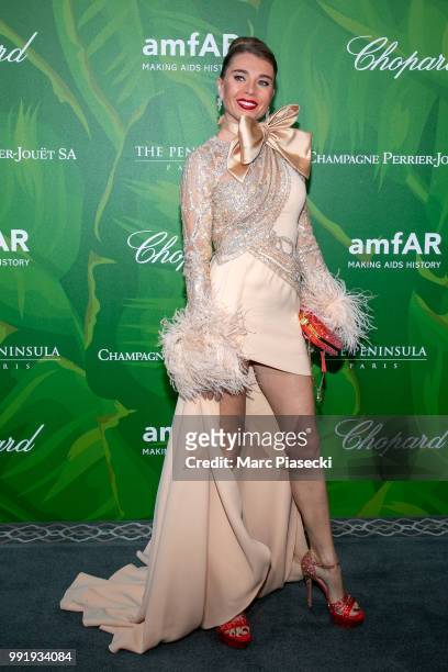 Guest attends the amfAR Paris Dinner 2018 at The Peninsula Hotel on July 4, 2018 in Paris, France.