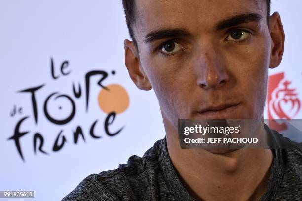 France's Romain Bardet attends a press conference of France's AG2R La Mondiale cycling team on July 5, 2018 in Mouilleron-le-Captif, western France,...