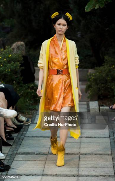 Model runs the runway during the Marcel Ostertag fashion show during the Mercedes Benz Berlin Fashion Week Spring/Summer 2019 in Berlin, Germany on...