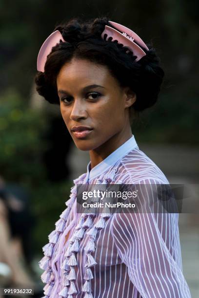 Model runs the runway during the Marcel Ostertag fashion show during the Mercedes Benz Berlin Fashion Week Spring/Summer 2019 in Berlin, Germany on...