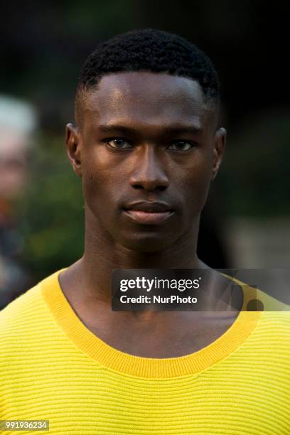 Model runs the runway during the Marcel Ostertag fashion show during the Mercedes Benz Berlin Fashion Week Spring/Summer 2019 in Berlin, Germany on...