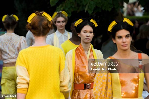 Models run the runway during the Marcel Ostertag fashion show during the Mercedes Benz Berlin Fashion Week Spring/Summer 2019 in Berlin, Germany on...