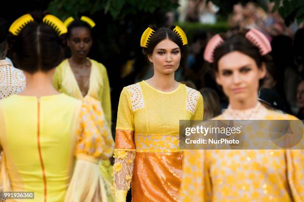 Models run the runway during the Marcel Ostertag fashion show during the Mercedes Benz Berlin Fashion Week Spring/Summer 2019 in Berlin, Germany on...