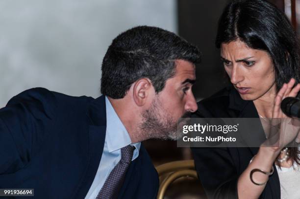 Virginia Raggi,Riccardo Fraccaro during the press conference for the presentation of &quot;Global Forum on Modern Direct Democracy 2018&quot;, in...