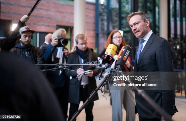 Leader of the liberal Free Democratic Party of Germany Christian Lindner answers questions to journalists during the FDP Presidium meeting after the...