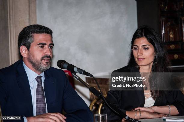 Virginia Raggi,Riccardo Fraccaro during the press conference for the presentation of &quot;Global Forum on Modern Direct Democracy 2018&quot;, in...