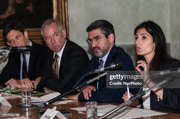 Virginia Raggi,Riccardo Fraccaro,Bruno Kaufmann during the press conference for the presentation of &quot;Global Forum on Modern Direct Democracy...