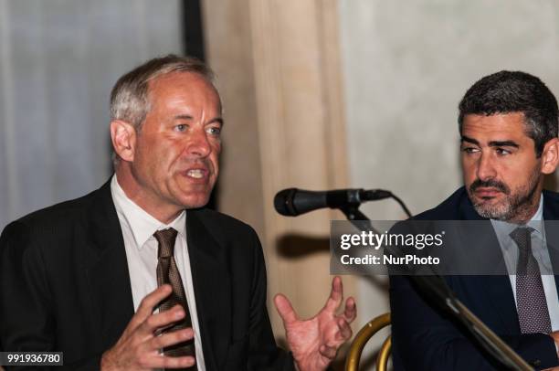 Bruno Kaufmann,Riccardo Fraccaro during the press conference for the presentation of &quot;Global Forum on Modern Direct Democracy 2018&quot;, in...