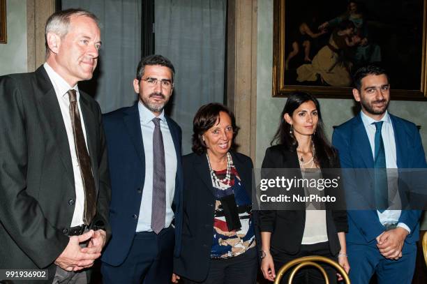 Bruno Kaufmann,Riccardo Fraccaro,Flavia Marzano,Virginia Raggi,Angelo Sturni during the press conference for the presentation of "Global Forum...