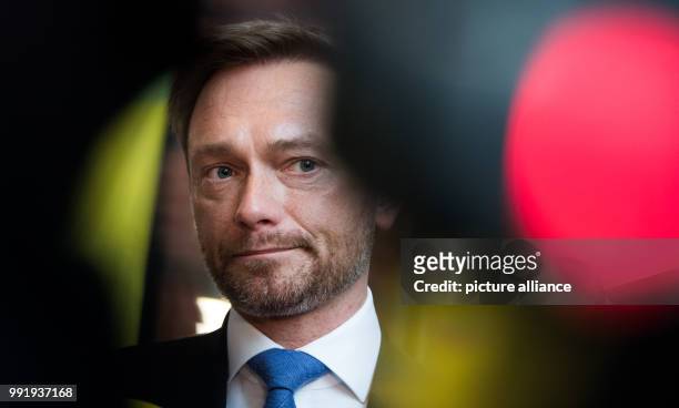 Leader of the liberal Free Democratic Party of Germany Christian Lindner answers questions to journalists prior to the FDP Presidium meeting after...