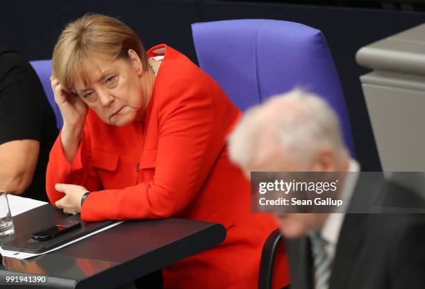 German Interior Minister and leader of the Bavarian Social Union , Horst Seehofer, speaks at the last session of the Bundestag before the sumer break...