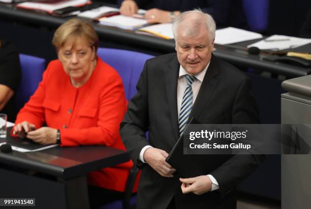 German Interior Minister and leader of the Bavarian Social Union , Horst Seehofer, prepares to speak at the last session of the Bundestag before the...