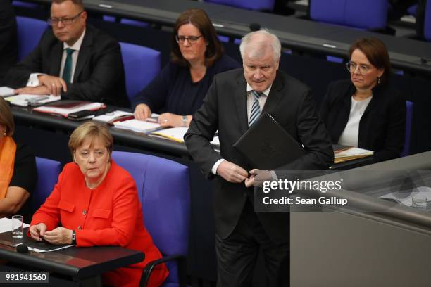 German Interior Minister and leader of the Bavarian Social Union , Horst Seehofer, prepares to speak at the last session of the Bundestag before the...