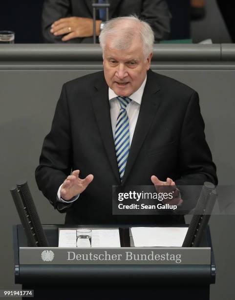 German Interior Minister and leader of the Bavarian Social Union , Horst Seehofer, speaks at the last session of the Bundestag before the sumer break...