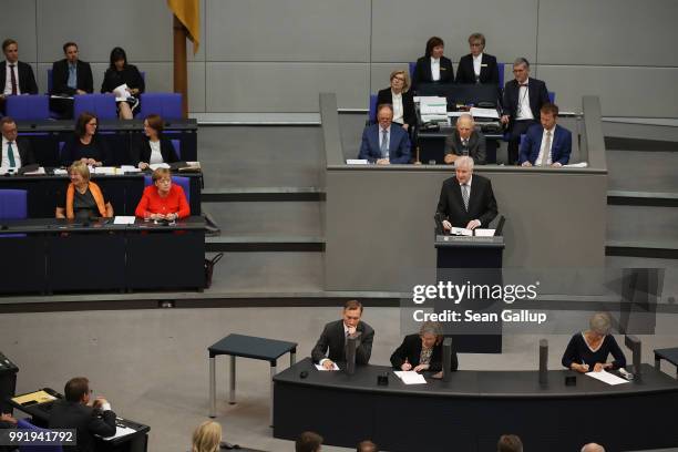 German Interior Minister and leader of the Bavarian Social Union , Horst Seehofer, speaks at the last session of the Bundestag before the sumer break...