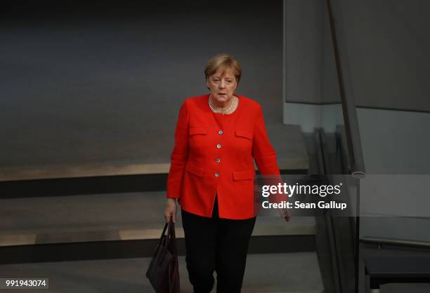 German Chancellor and leader of the German Christian Democratic Union Angela Merkel arrives at the last session of the Bundestag before the sumer...